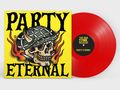 Text: "Party Eternal", "The Bar Stool Preachers". Illustration: Totenkopf mit Flammen und Mütze auf leuchtend gelbem Hintergrund., LP