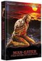 "MAN-EATER (DER MENSCHENFRESSER)" unten. Illustration eines Mannes, der Fleisch isst, vor einem roten Himmel und der Sonne., 1 Ultra HD Blu-ray und 2 Blu-ray Discs