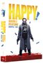 "Happy! Double Feature Staffel 1 & 2." Großer Schriftzug, eine ernst aussehende Person mit Waffen, blauer Cartoon-Esel.