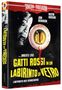 Text: "LABYRINTH DES SCHRECKENS", "GATTI ROSSI IN UN LABIRINTO DI VETRO", "UMBERTO LENZI". Großes, blutendes Auge, schreiende Gesichter.