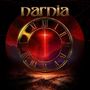 Text "narnia" oben. Rote Landschaft mit Uhr, römische Zahlen, leuchtendes Kreuz in der Mitte. Mystische Atmosphäre., CD