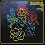 Text: "Pug Johnson", "From a Beaumont Bar". Neon-Art-Porträt mit Blumen im Westernstil auf dunklem Hintergrund., CD