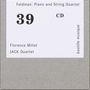 "Feldman: Piano and String Quartet" steht oben. Namen unten: Florence Millet, JACK Quartet. Beige Hintergrund, rechteckige Anordnung., CD