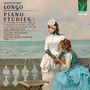 Texte: "Alessandro Longo", "Piano Studies", "12 Studies in Thirds, Op. 35", "6 Studies in Sixths, Op. 42", "6 Studies in Octaves, Op. 48 (The Complete Set)", "Giacomo Pellegrino", "Lorenzo Stasi", "Giuseppe Marco Daniele", "piano". 

Illustration: Zwei Frauen in eleganter Kleidung blicken auf das Meer, eine steht, eine sitzt. Oben rechts ein Logo., 2 CDs