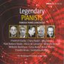 "Legendary Pianists, Famous Piano Concertos" oben. Porträts und Namen von zehn bekannten Pianisten. Rotes, modernes Design., 10 CDs