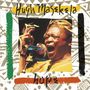 „Hugh Masekela“ und „Hope“ stehen in dynamischer Schrift. Ein Mann singt leidenschaftlich in ein buntes Mikrofon., 2 LPs