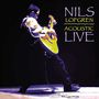 "Nils Lofgren Acoustic Live" in gelber und weißer Schrift. Illustration eines Gitarristen auf dunklem Hintergrund., 2 LPs