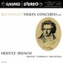 "BEETHOVEN VIOLIN CONCERTO (IN D) HEIFETZ · MUNCH BOSTON SYMPHONY ORCHESTRA" in großer Schrift. Zeichnung Ludwig van Beethovens.
