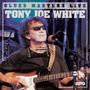 "Blues Masters Live", "Tony Joe White". Ein Musiker mit Sonnenbrille spielt Gitarre und hat eine Mundharmonika um den Hals., LP