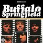"Buffalo Springfield" in großer weißer Schrift, darunter Schwarz-Weiß-Porträts in einem Filmstreifen-Stil. Logo unten links.