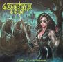 "Cemetery Echo" oben, "Civitas Lachrimarum" unten. Eine Frau in Leder mit Schwert steht in einem dunklen Friedhof., LP