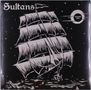 „Sultans“ oben links, „Colored Vinyl“ rechts in einem Kreis. Illustration eines Segelschiffs auf stürmischem Meer.