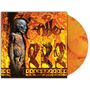 „Nile“ in dunkler, dekorativer Schrift. Alte Skulptur links, orange-gelbes Muster, Plattenhülle mit hypnotischen Motiven., LP