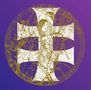 Text ist nicht ersichtlich. Eine Illustration zeigt ein Kreuz und zwei stilisierte Figuren in goldener Verzierung auf violettem Grund.
