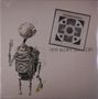 Text: "one more satellite". Illustration eines Roboters mit blumenartigem Objekt, gestreckter Hand und einem quadratischen Muster., LP