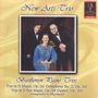 "New Arts Trio," "Beethoven Piano Trios," umgeben von drei elegant gekleideten Musikern vor einem Flügel.