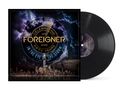 "Celebrating 1976-2026 Foreigner Fifty Years In the Eye of the Storm" – eine dunkle, dramatische Illustration von Wolken über einer Skyline., LP