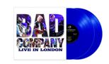 „BAD COMPANY LIVE IN LONDON“ steht auf einem Albumcover. Zwei blaue Schallplatten sind daneben zu sehen., 2 LPs