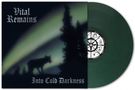 "Vital Remains", "Into Cold Darkness". Wolf und Bäume vor Nordlichtern. Logo auf dunkelgrünem Schallplattenlabel mit Symbolen.