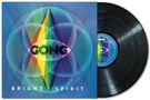 Cover mit "GONG" und "BRIGHT SPIRIT" in buntem, strahlenden Design. Eine Vinyl-Schallplatte liegt daneben., LP