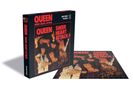 Text: „QUEEN SHEER HEART ATTACK“. Ein Puzzle mit Albumcover-Motiv zeigt vier liegende Personen in dramatischer Beleuchtung.
