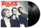 Text: "THE POLICE TOKYO 1981". Drei Männer, monochromes Bild, zwei Schallplatten rechts., 2 LPs