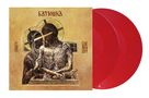 Illustration mit kyrillischem Text. Zwei rot durchsichtige Schallplatten daneben. Religionsähnliches Gemälde zentriert., 2 LPs