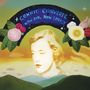 "CONNIE CONVERSE, HOW SAD, HOW LOVELY" in blauer Bogenform, darunter ein verblasstes Frauenporträt und Blumen.