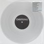 Eine transparente Schallplatte in Hülle mit einem dunklen Label in der Mitte und Trackliste oben rechts., LP