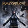 "Kamelot" oben in gold, "dark asylum" unten. Eine Frau in Leder, gekrönt, umgeben von Raben und Ketten in einer düsteren Szene., LP
