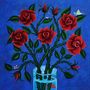 Keine Texte sichtbar. Darstellung mit roten Rosen in Vase, grünen Blättern, Schmetterling und blauem Hintergrund., LP