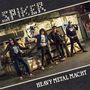 Logo „SPIKER“, Text „HEAVY METAL MACHT“. Vier Rockmusiker mit Gitarren, Lederjacken, vor Holzkisten draußen., Single 12"