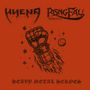 Text: "HYENA", "RISINGFALL", "HEAVY METAL HEROES". Illustration: Ein gepanzerter, flammender Faust mit Sternen und Planeten., LP