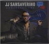Text: "JJ Sansaverino Conversations". Ein Mann in Anzug hält eine Gitarre über seine Schulter, Sprechblasen-Icons daneben., CD
