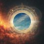 Rundes Fenster im Himmel, umgeben von einem goldenen astrologischen Kreis mit Symbolen vor leuchtenden Weltraumwolken., CD