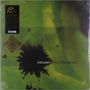 Text: "eiafuawn birds in the ground". Abstrakte grüne und schwarze Formen mit einem goldenen Siegel., LP