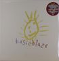 Text: „basic blaze“. Gelbe, kinderhafte Sonnenzeichnung mit einem lächelnden Gesicht. Oben rechts ein runder Aufkleber., 2 LPs