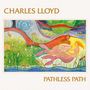 "CHARLES LLOYD, PATHLESS PATH." Eine bunte Illustration mit Meerjungfrauen in einer lebendigen, natürlichen Landschaft., LP