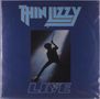 Text: "THIN LIZZY LIVE". Silhouette eines Gitarristen vor hellem Licht auf blauem Hintergrund., 2 LPs