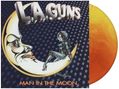 Text: "L.A. Guns", "Man in the Moon". Eine Illustration mit einem Mondgesicht und einer Frau in Raumanzug auf einem Halbmond.