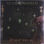 Text oben: "RICK SPRINGFIELD". Unten: "karma". Dunkle Illustration mit Kreuzsymbolen und einem Hund am rechten Rand., LP