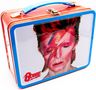 Text: "Bowie". Bunte Lunchbox mit einem auffälligen, bemalten Gesicht in rot und blau.