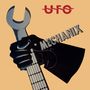 „UFO“ und „MECHANIX“ in Großbuchstaben. Illustration: Hand in Handschuh hält einen Schraubenschlüssel., 3 LPs