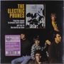 "The Electric Prunes" und Songtitel. Fünf Männer posieren, ein abstraktes Gemälde und ein lila Info-Aufkleber.