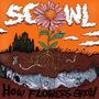 Schriftzug "SCOWL" und "How Flowers Grow". Illustration einer Blume mit Wurzeln, darüber ein oranger Himmel mit Wolken., LP