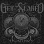 „Get Scared“ oben, „Demons“ unten. Ein detailliertes, dunkles Design mit Zähnen, einer Rose und einem Uhrensymbol. 