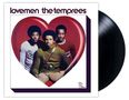 Text: "lovemen the temprees". Drei Männer in einem großen roten Herz. Eine Schallplatte rechts., LP