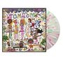 Text: "Tom Tom Club." Illustration mit bunten, verspielten Figuren und Mustern, daneben eine farbige Vinyl-Schallplatte., LP