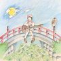 Ein Mädchen sitzt mit einer Gitarre auf einer roten Brücke, daneben eine Eule, große Blätter darunter, Mond am Himmel., Single 7"