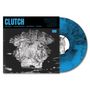 "CLUTCH" und "WASTED LANDS" in blauer Schrift; Schwarz-Weiß-Bild eines Alligators; blaue Schallplatte.